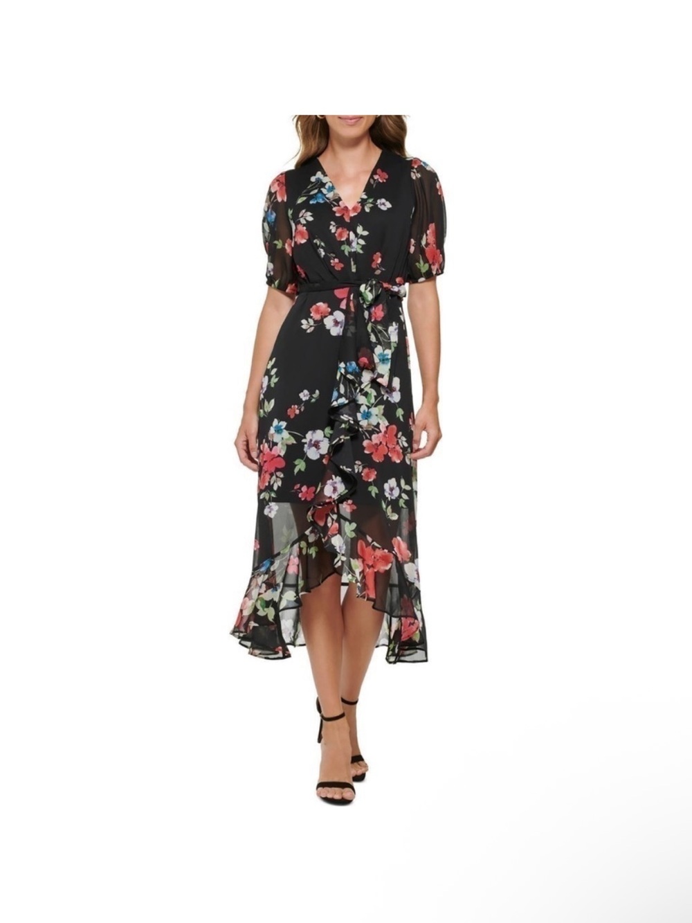 DKNY A-line High-Low Chiffon Dress in Black with Flowers - Size 8